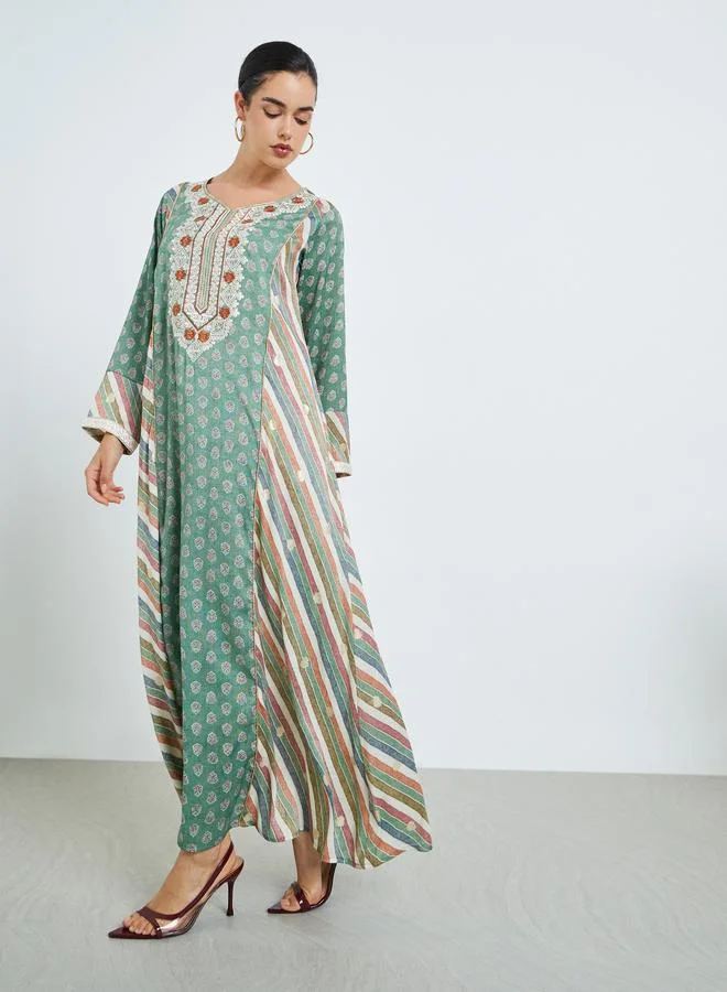 Amirah Women Green Embroidered Maxi Jalabiya